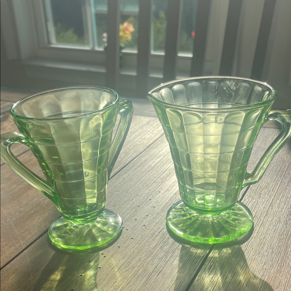 Anchor Hocking  Block OpticVintage Green Glass Creamer and Sugar